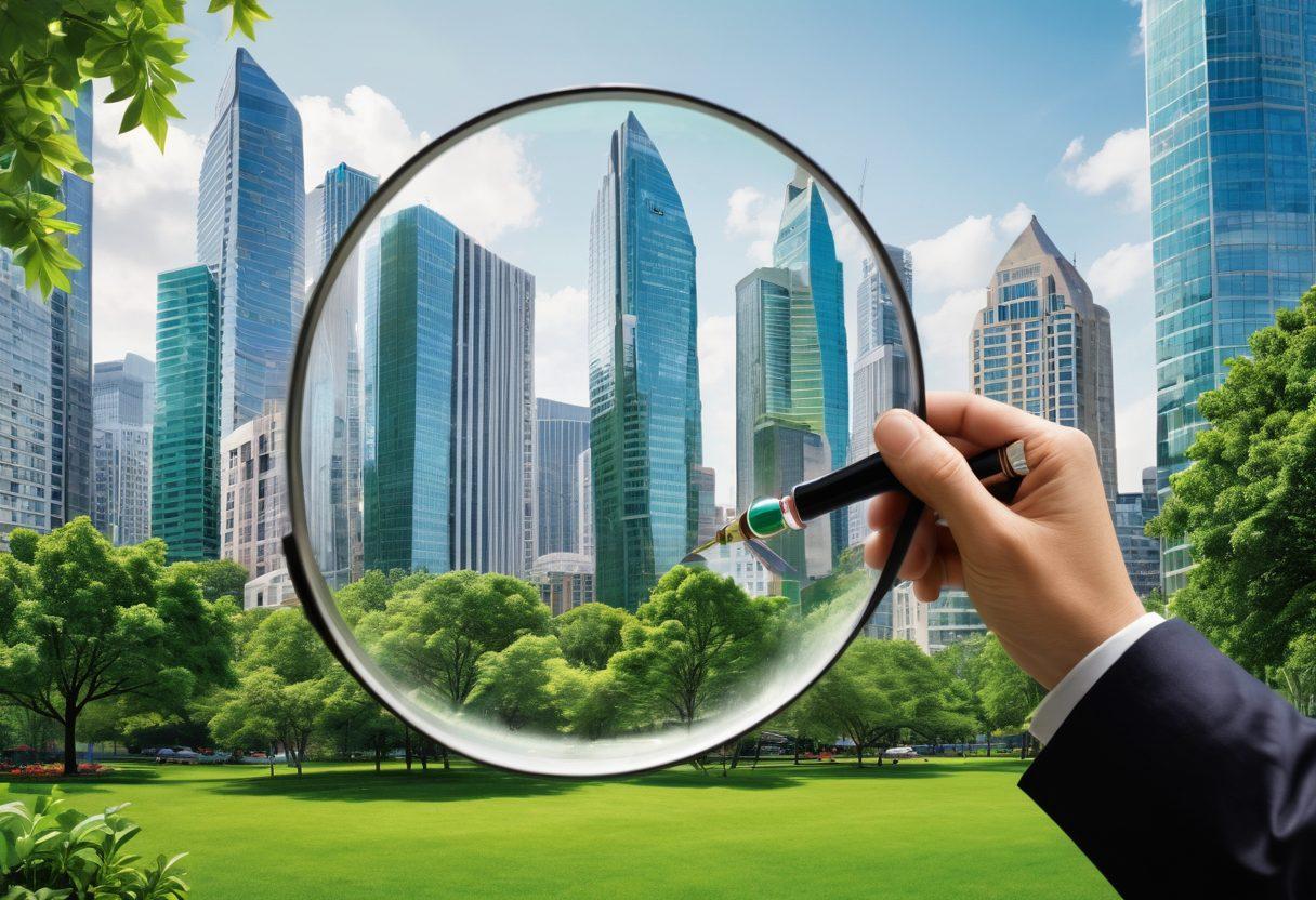 A detailed cityscape with high-rise buildings and green parks, highlighting properties with rising graphs and financial symbols to represent increasing returns, an investor holding a magnifying glass inspecting the properties. Vibrant colors. super-realistic. business magazine style.