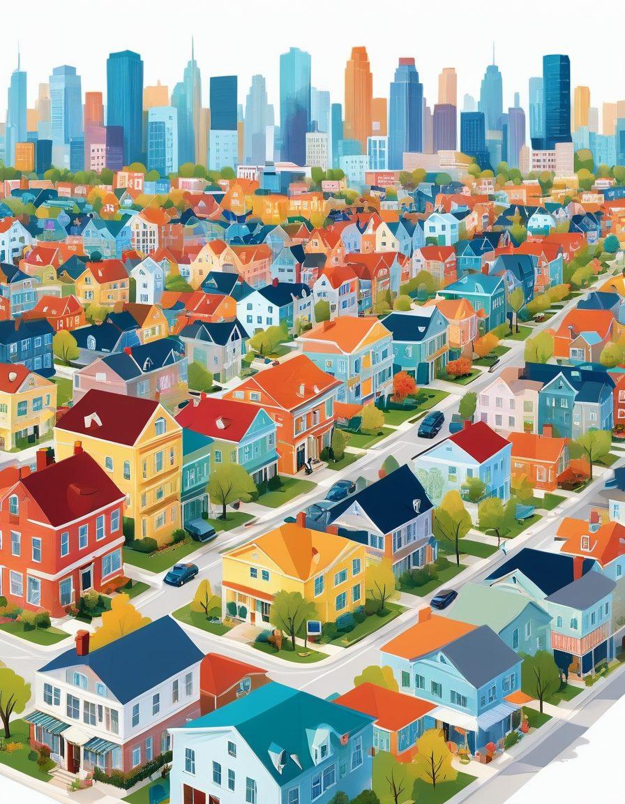 A bustling real estate market scene featuring diverse buyers, enthusiastic sellers, and strategic investors interacting with modern, sleek buildings and cozy homes; including city skylines and suburban streets. vibrant colors. white background. vector art.