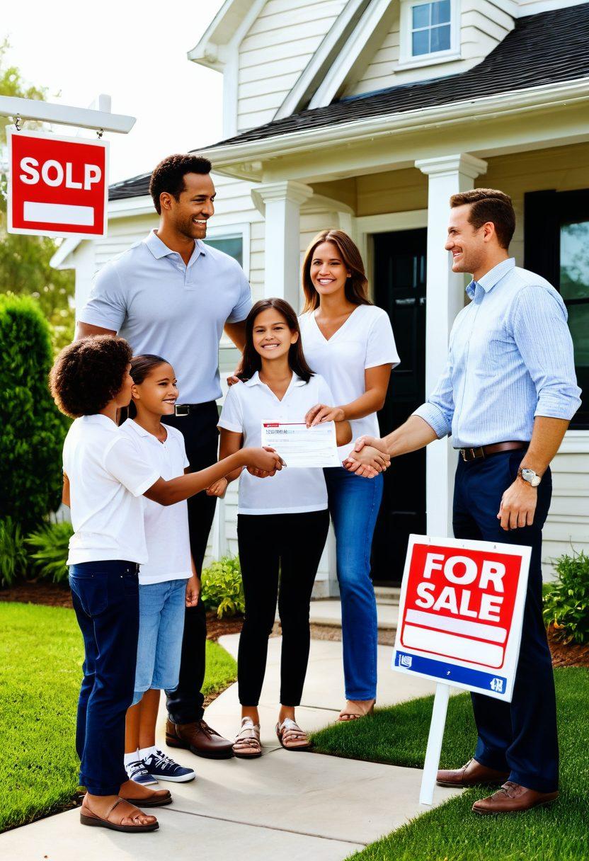 A confident real estate agent and a happy family shaking hands in front of a beautifully staged home with a ‘Sold’ sign. Highlight a checklist, a price tag, and keys symbolizing the stages from pricing to closing. Warm colors, realistic details, welcoming atmosphere. super-realistic. vibrant colors. white background.